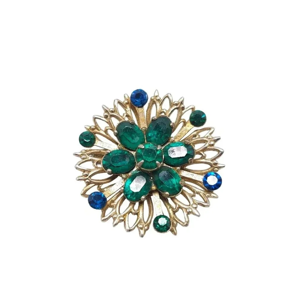 Coro Blue Green Rhinestone Crystal Openwork Flower Brooch Pin Gold Tone Vintage
